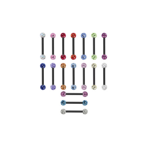 Barbell piercing in titanio nero con sfere di cristallo colorate su sfondo bianco