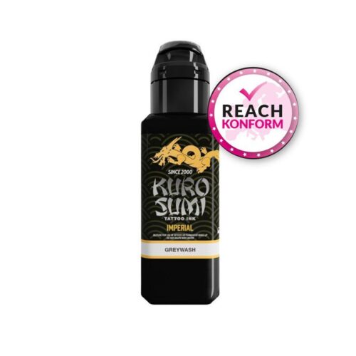 Bottiglia nera di Kuro Sumi Imperial Greywash Tattoo Ink, 44 ml, con badge di conformità REACH