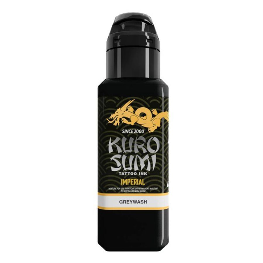 Kuro Sumi Tattoo Ink Grigio 44ml Boccetta nera di inchiostro per tatuaggi Kuro Sumi Imperial Soft Greywash su sfondo bianco