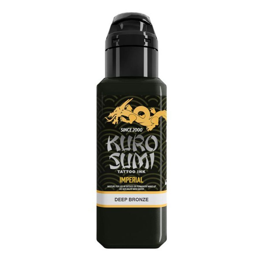 Kuro Sumi Tattoo Inchiostro in Bronzo Scuro 44ml Bottiglia di inchiostro per tatuaggi Kuro Sumi Deep Bronze su sfondo bianco