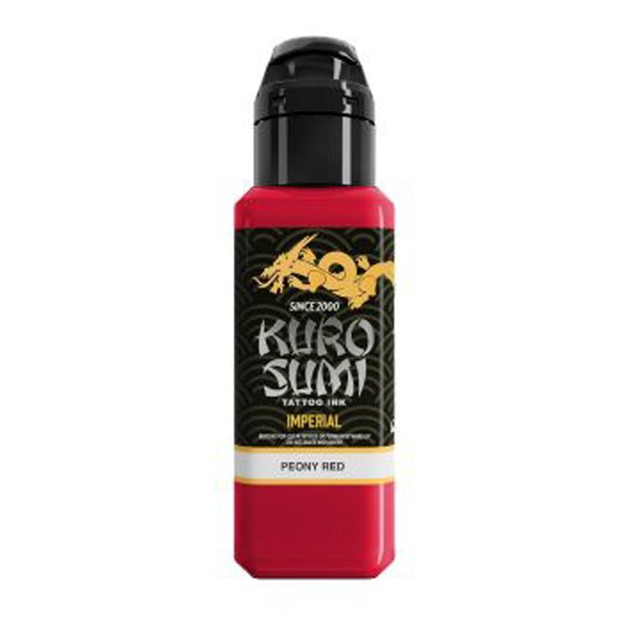 Kuro Sumi Peony Red inchiostro per tatuaggi 44ml Inchiostro rosso per tatuaggi in bottiglia con tappo nero su sfondo bianco