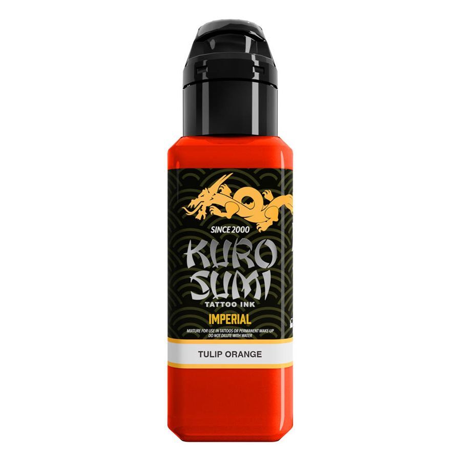 Kuro Sumi Inchiostro per Tatuaggi Tulip Orange 44 ml Bottiglia di inchiostro per tatuaggi Kuro Sumi in arancione brillante su sfondo bianco