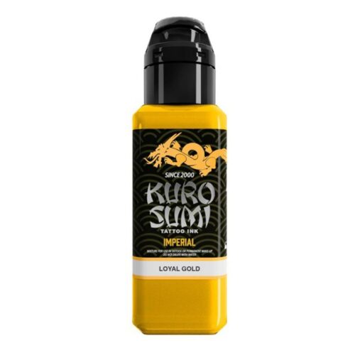 Inchiostro giallo Kuro Sumi per tatuaggi in bottiglia con tappo nero su sfondo bianco