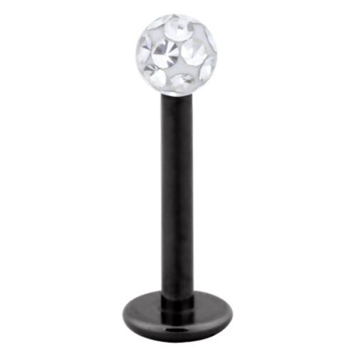 Labret in titanio nero con sfera di cristallo chiara su sfondo bianco