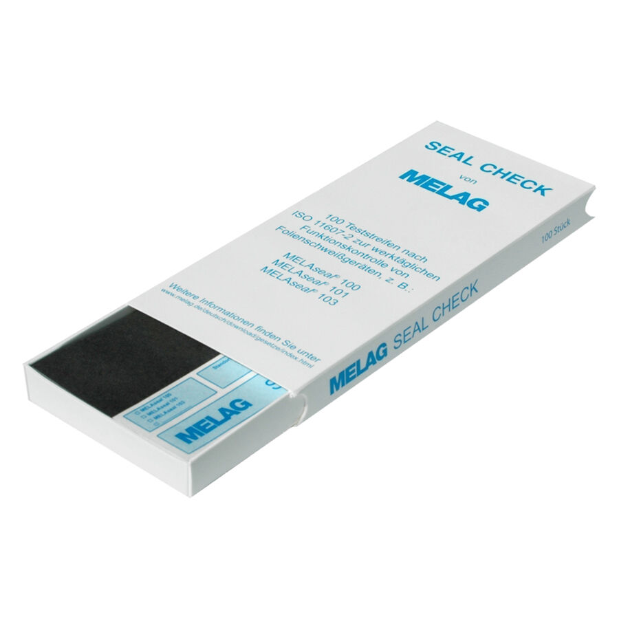 Seal Check Box di Melag, 100 pezzi Scatola bianca Seal Check di Melag con 100 strisce di test su sfondo chiaro