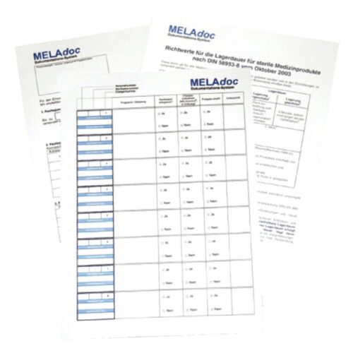 Blocco di documentazione con tabelle e logo Melag su sfondo bianco