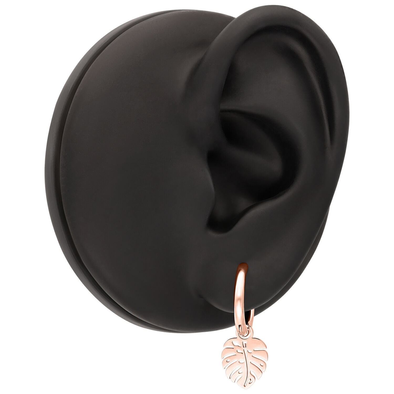 Orecchino Mini Monstera oro rosa su un orecchio modello nero