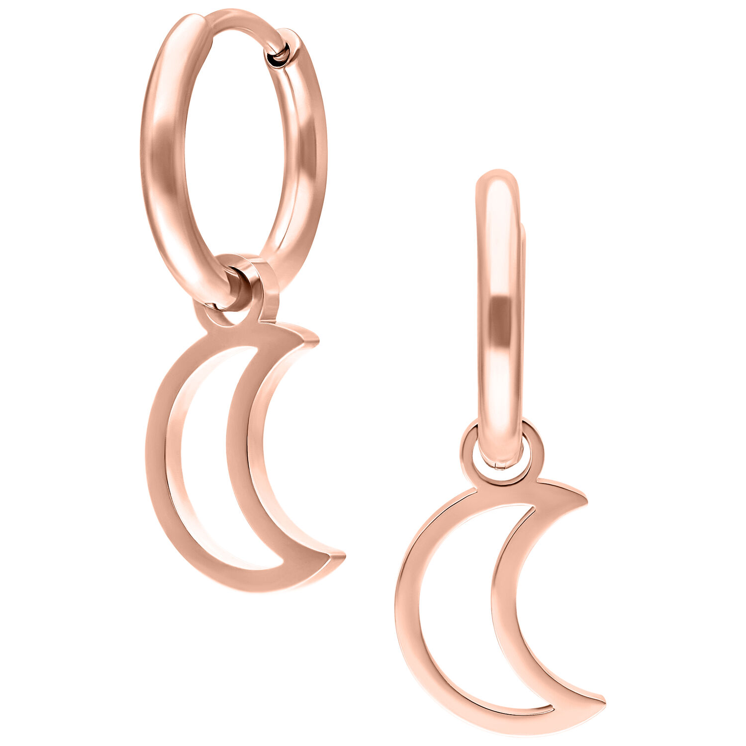Due creole in oro rosa con ciondoli a mezzaluna su sfondo bianco