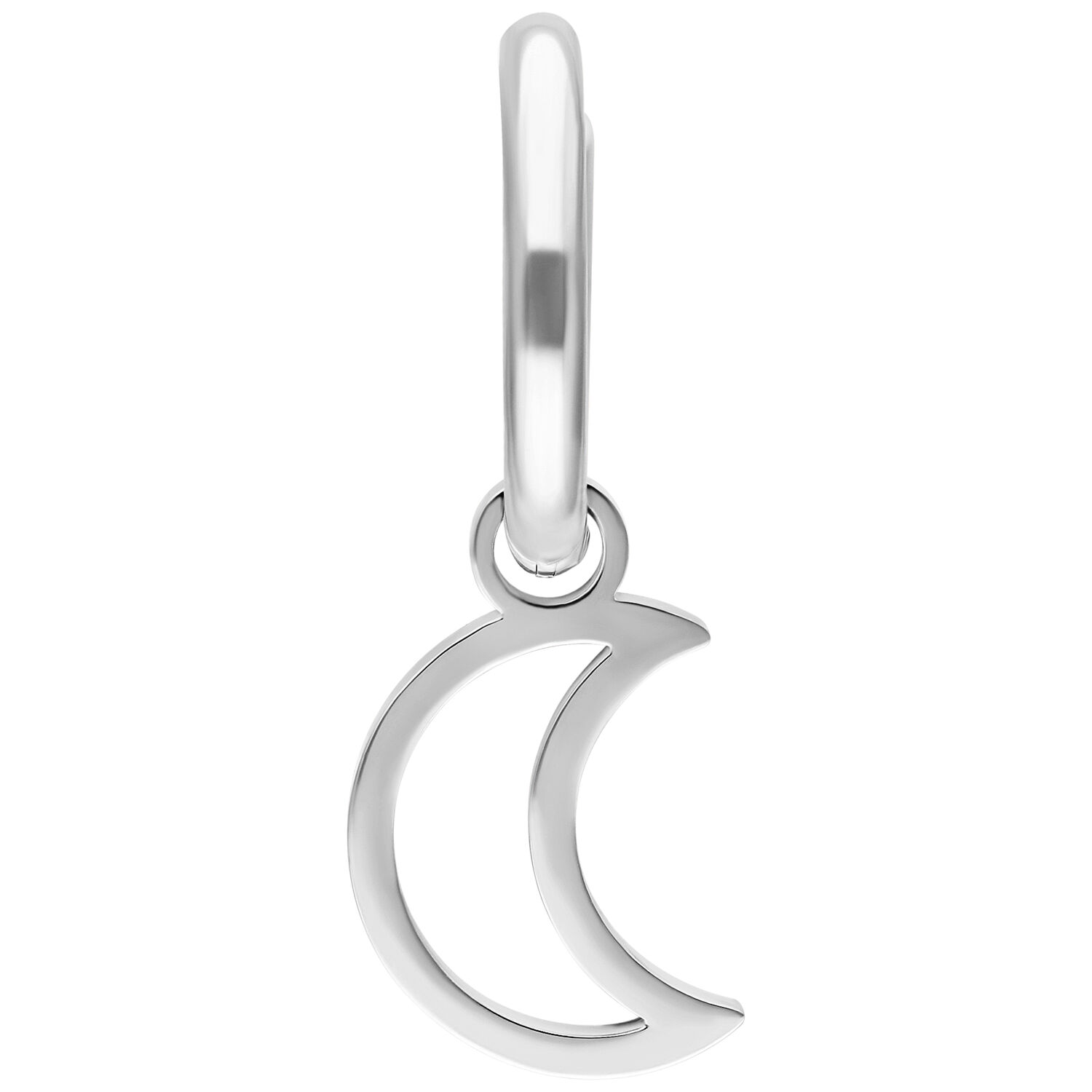 Orecchino d'argento con ciondolo a mini luna su sfondo bianco