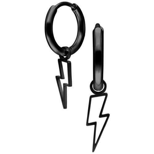 Due orecchini a cerchio in metallo nero con ciondolo a forma di fulmine su sfondo bianco