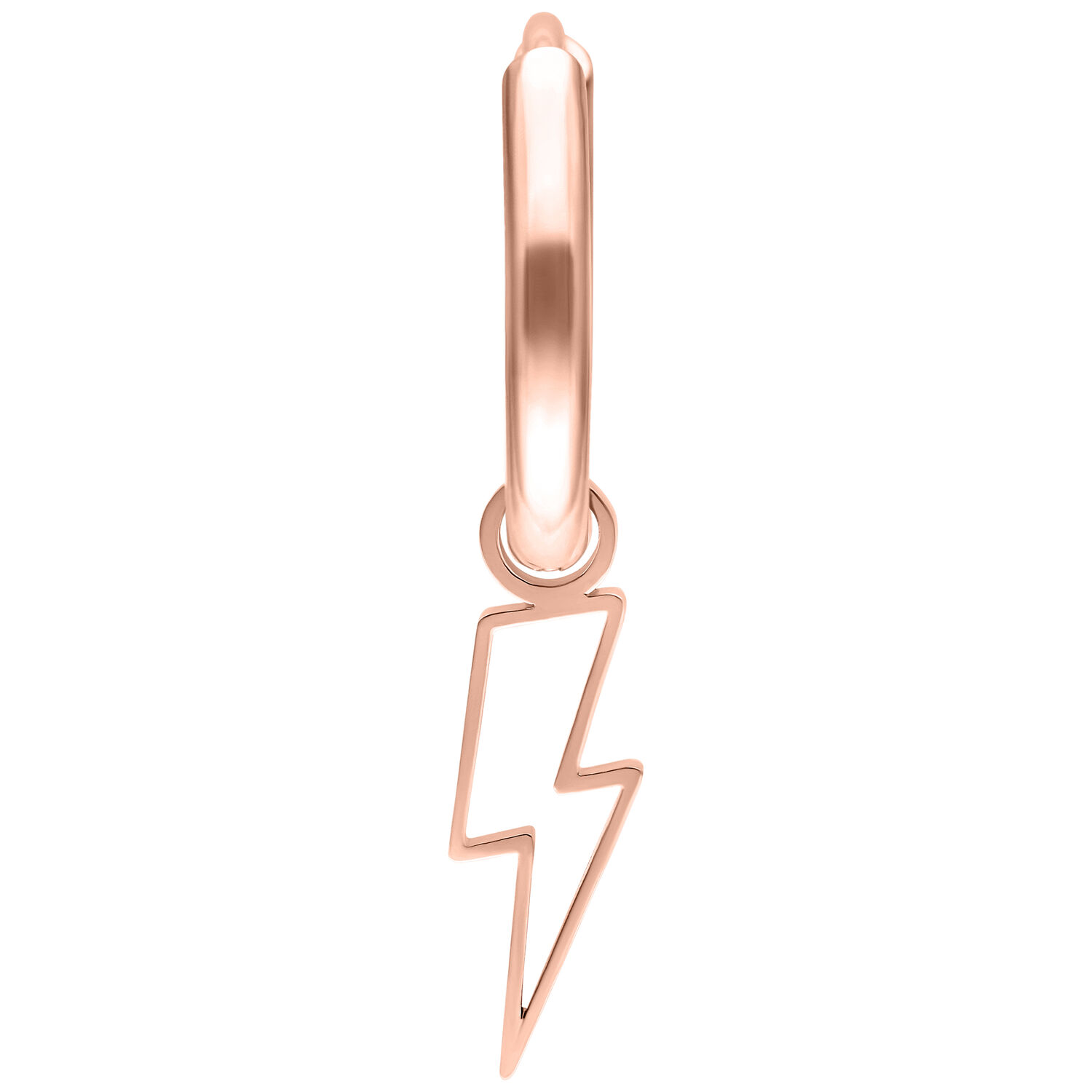 Orecchino in oro rosa con ciondolo a fulmine su sfondo bianco