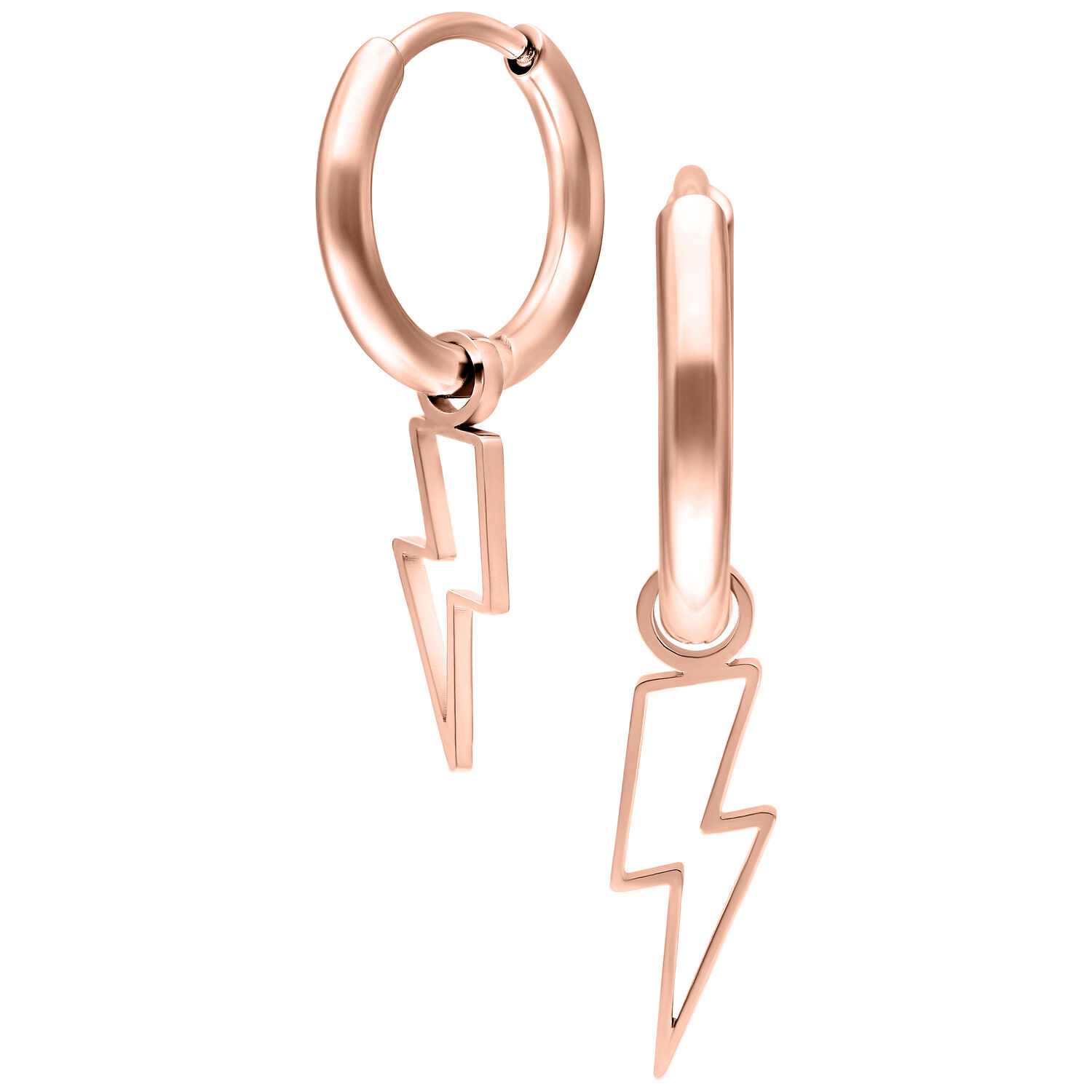 Orecchini in oro rosa con ciondolo a fulmine, su sfondo bianco
