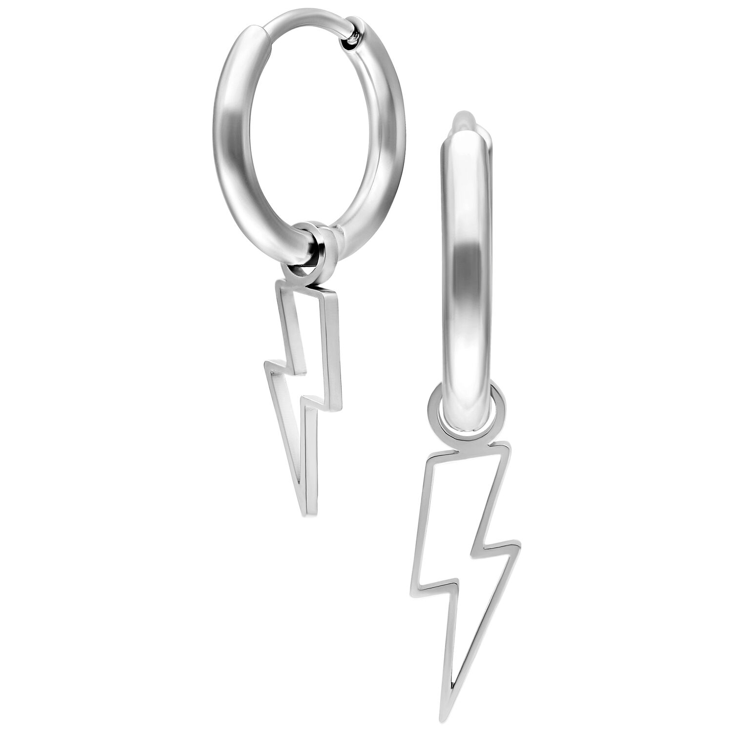 Due mini cerchi in acciaio inossidabile argento con ciondoli a forma di fulmine, su sfondo bianco