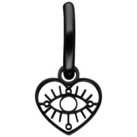 Creola nera con design cuore e occhio in acciaio chirurgico su sfondo bianco