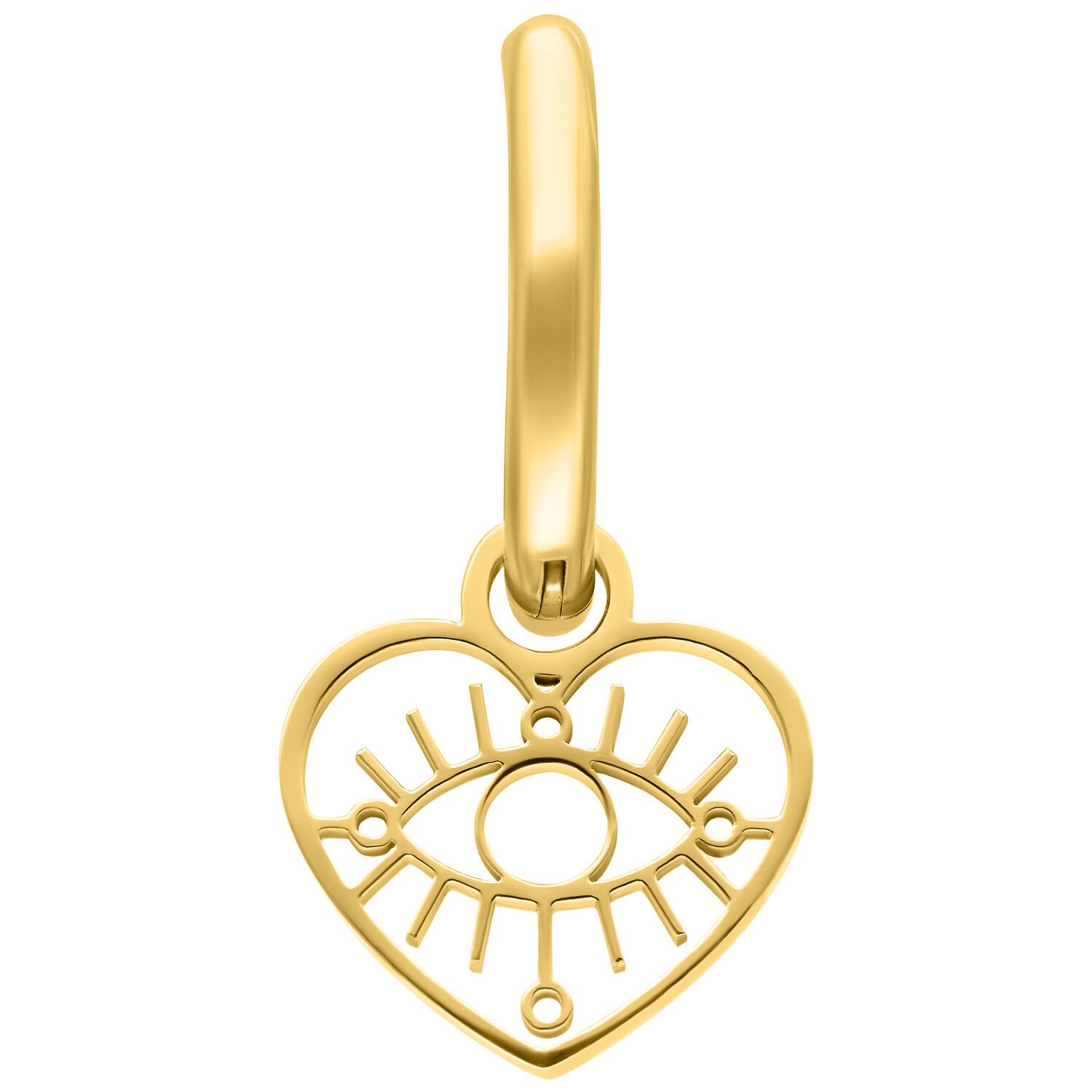 Cerchio dorato con pendente a forma di occhio e cuore su sfondo bianco