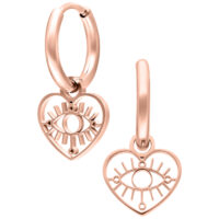 Due creole in oro rosa con ciondolo a forma di cuore e occhio, su sfondo bianco