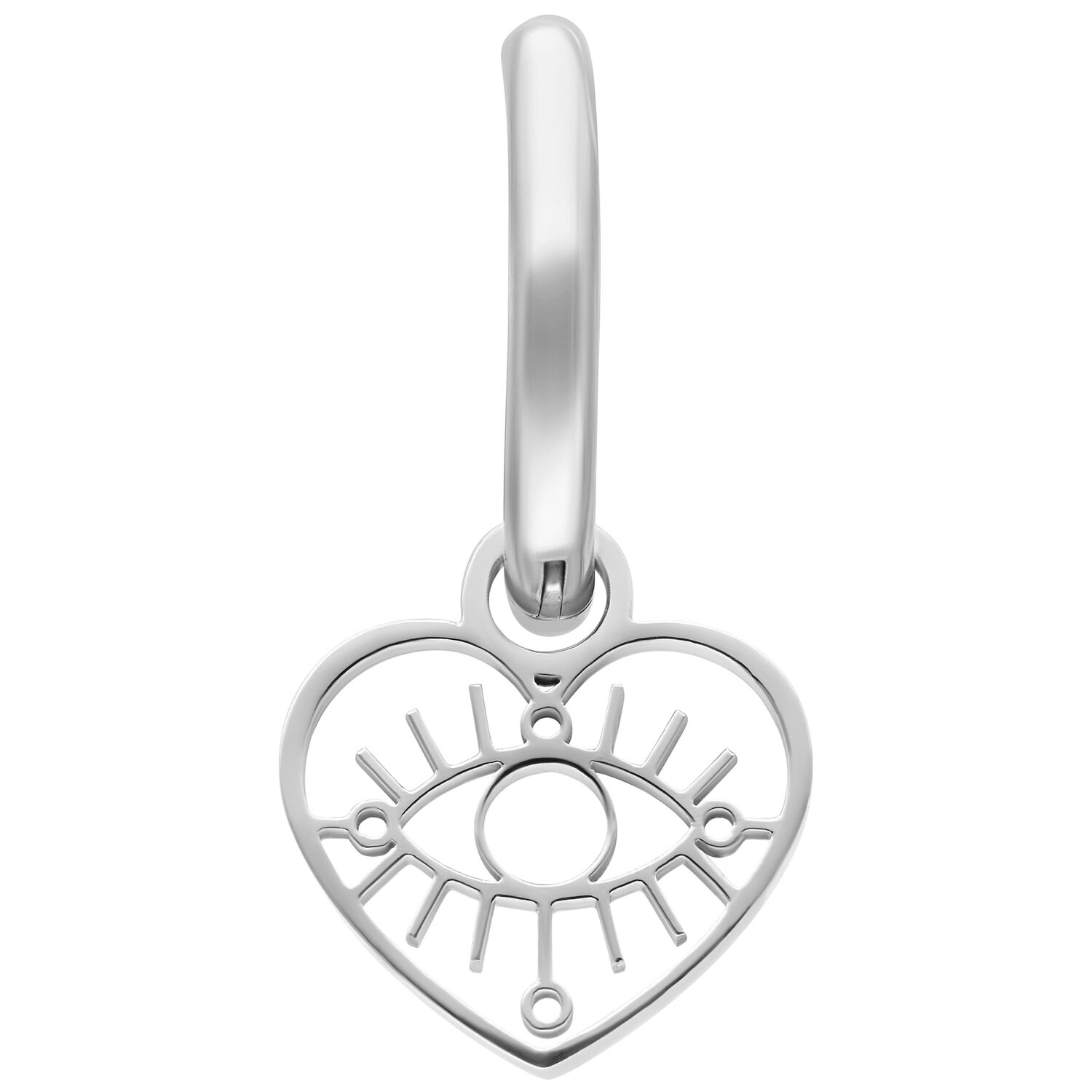 Orecchino d'argento con simbolo di cuore e occhio su sfondo bianco