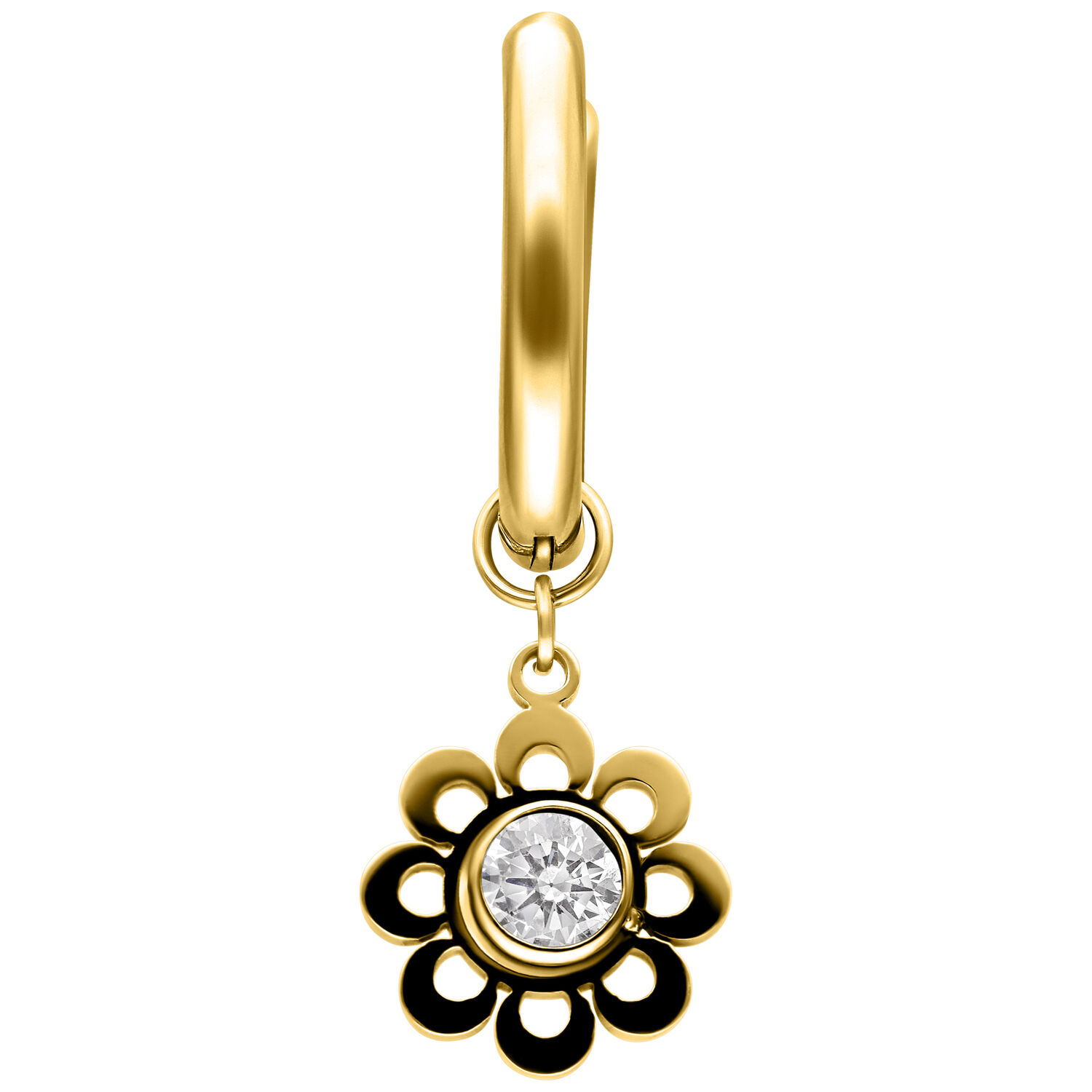 Cerchio dorato con pendente a forma di fiore e cristallo trasparente, su sfondo bianco