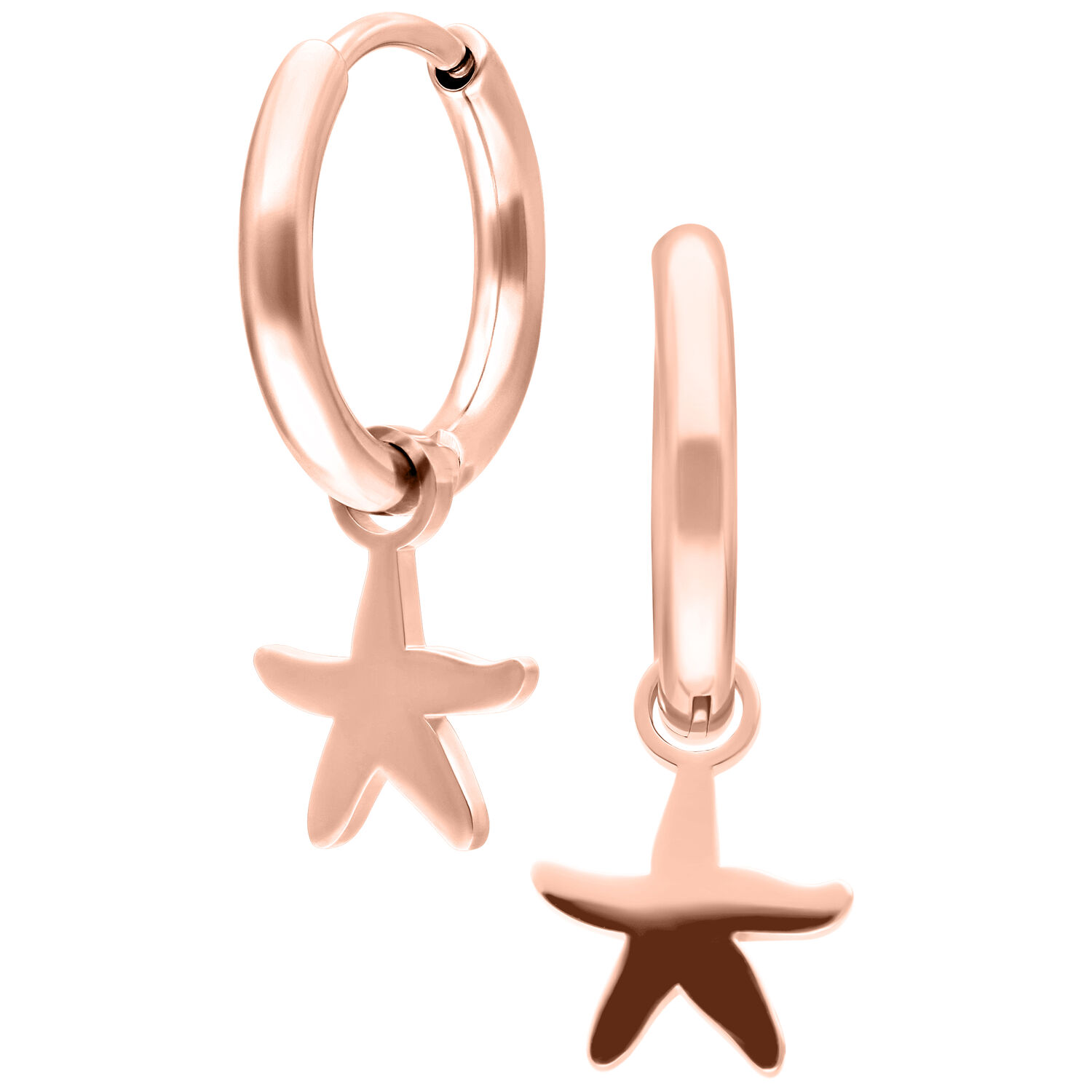 Due cerchi in oro rosa con ciondolo a stella marina su sfondo bianco