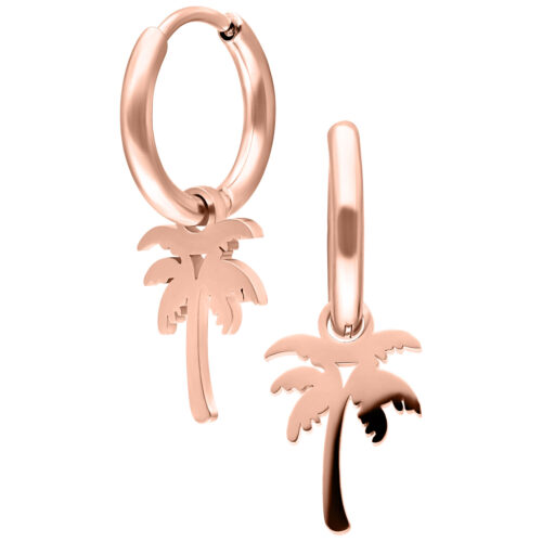 Due cerchi in oro rosa con ciondoli a palma su sfondo bianco
