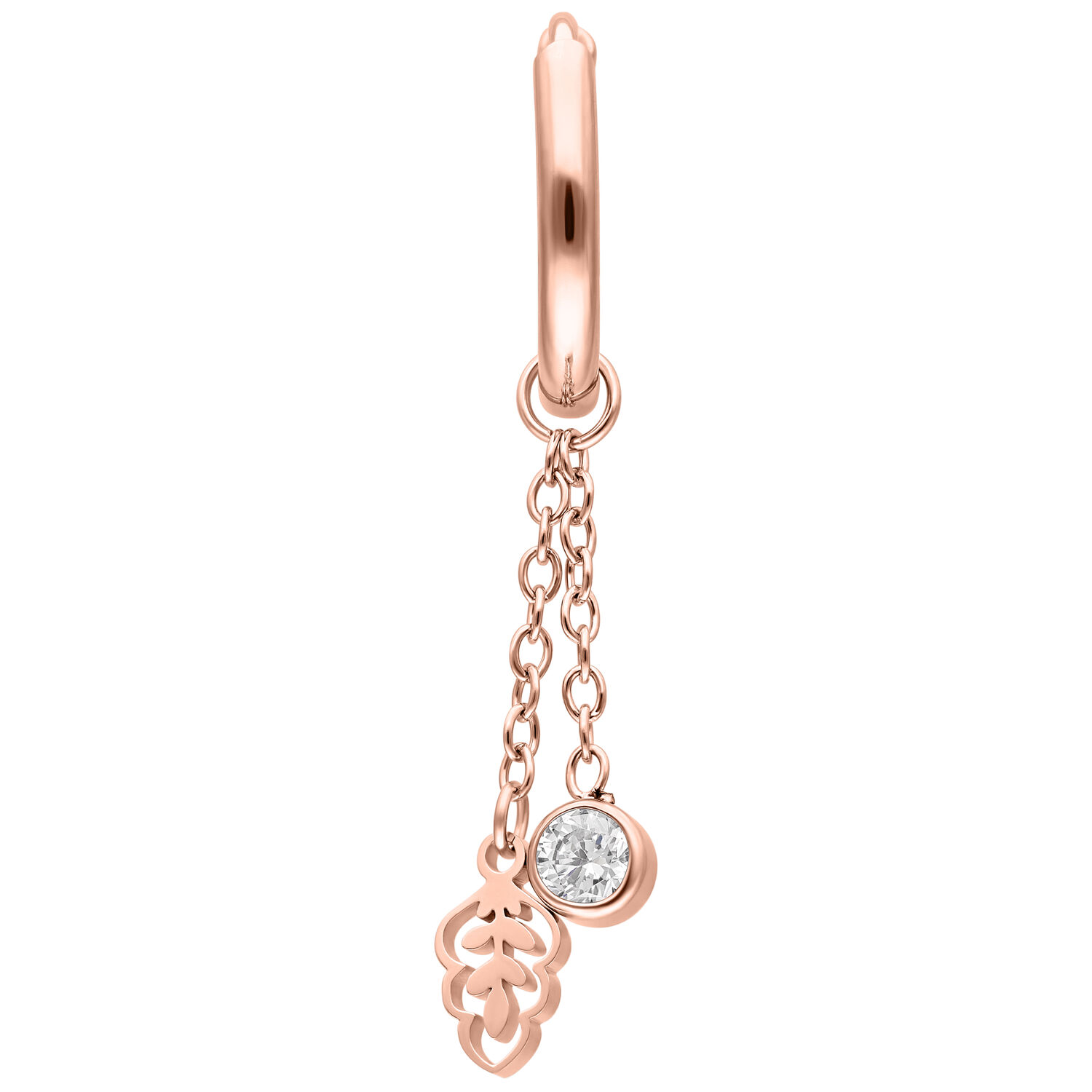 Orecchino in oro rosa con catenina e cristallo su sfondo bianco