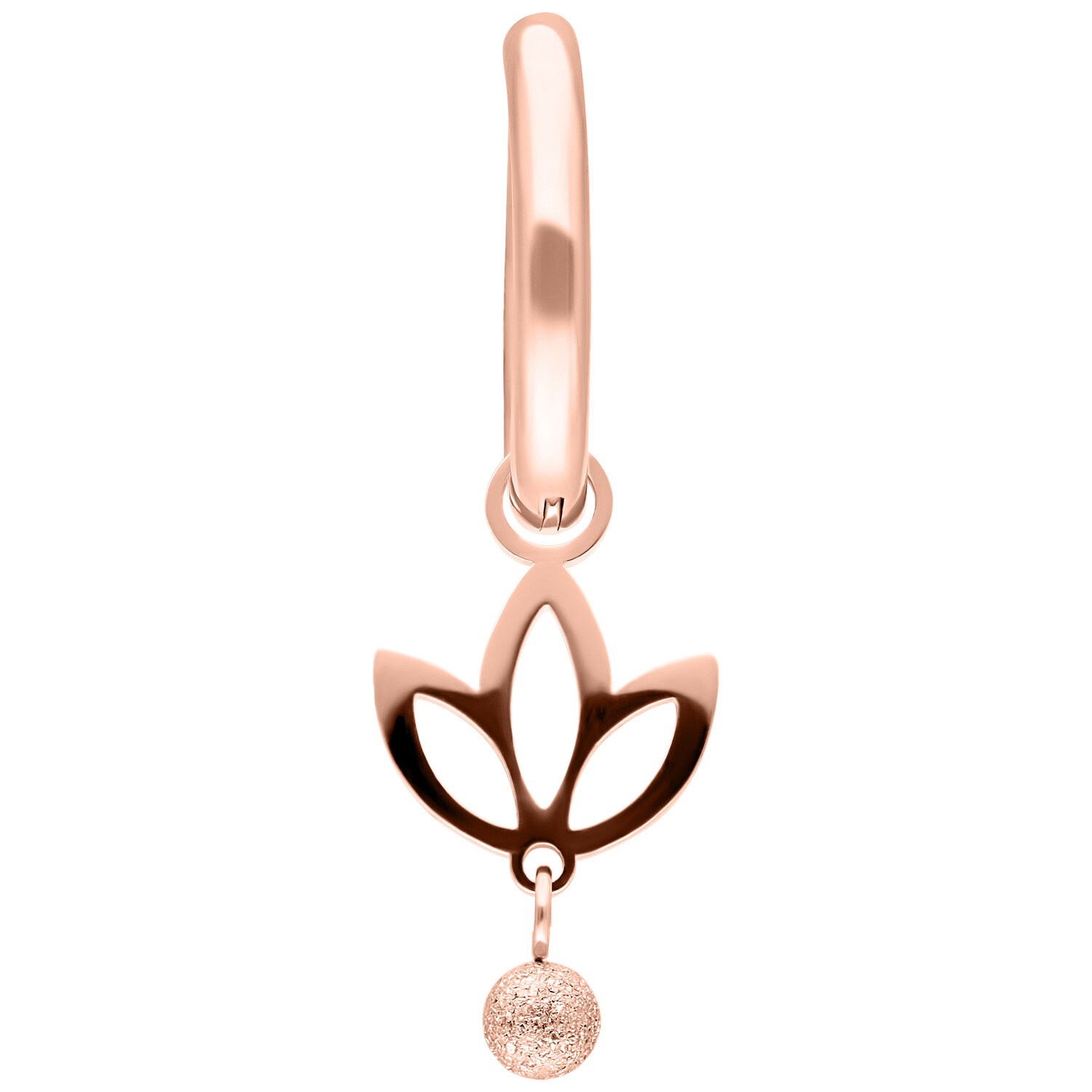 Orecchino in oro rosa con forma di loto e pendente a sfera scintillante su sfondo bianco