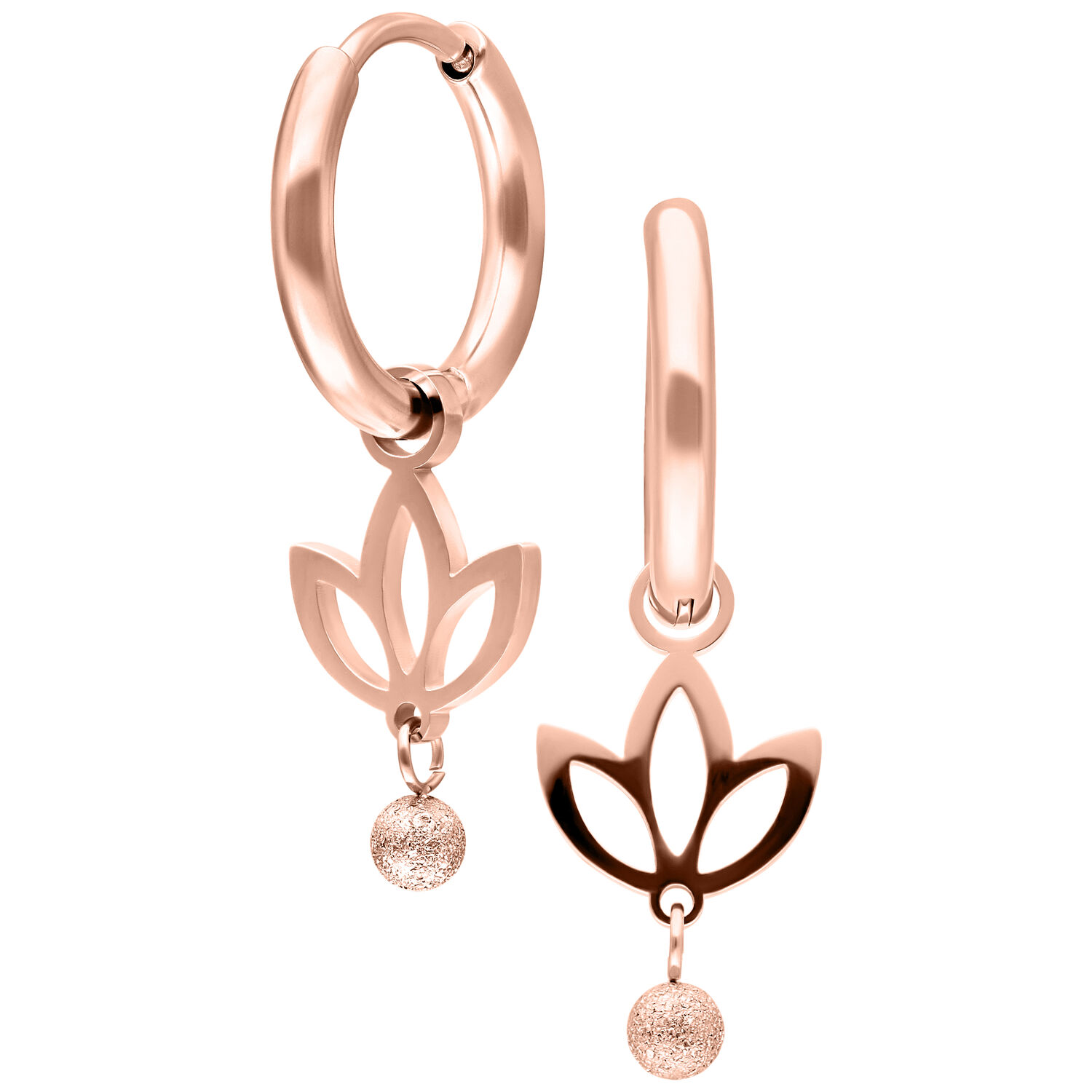 Due orecchini a cerchio in oro rosa con motivo Lotus e ciondoli a sfera