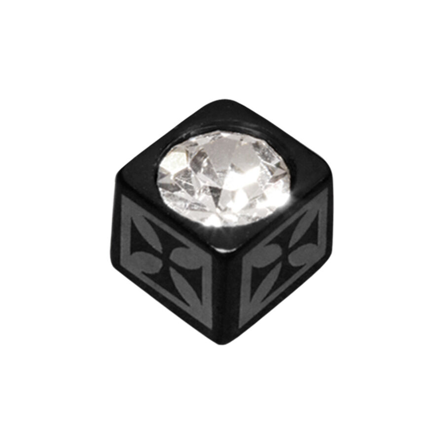 Cubo nero con cristallo chiaro su sfondo bianco