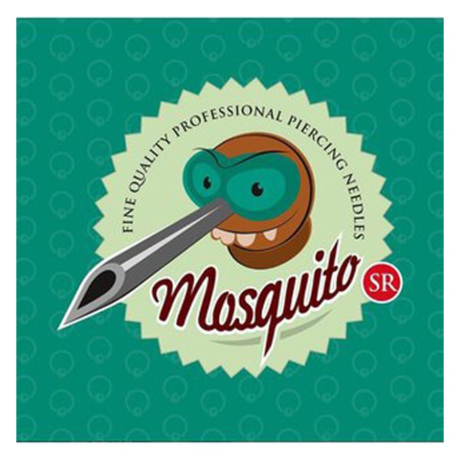 Scatola verde di aghi per piercing Mosquito con logo e grafica dell'ago