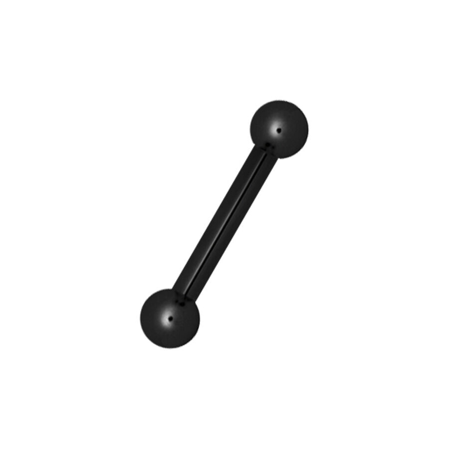 Barbell nero in acciaio chirurgico Barbell nero in acciaio chirurgico con due sfere su sfondo bianco