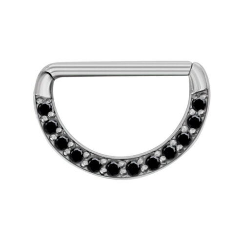 Clicker per capezzolo argento con cristalli neri su sfondo bianco