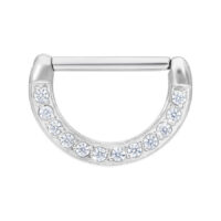 Clicker per capezzolo argento con pietre cristalline su sfondo bianco