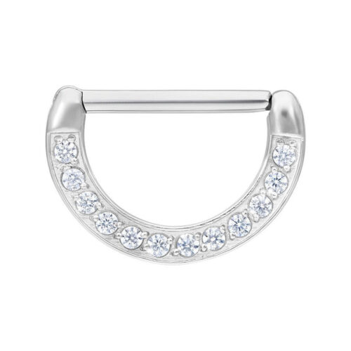 Clicker per capezzolo argento con pietre cristalline su sfondo bianco