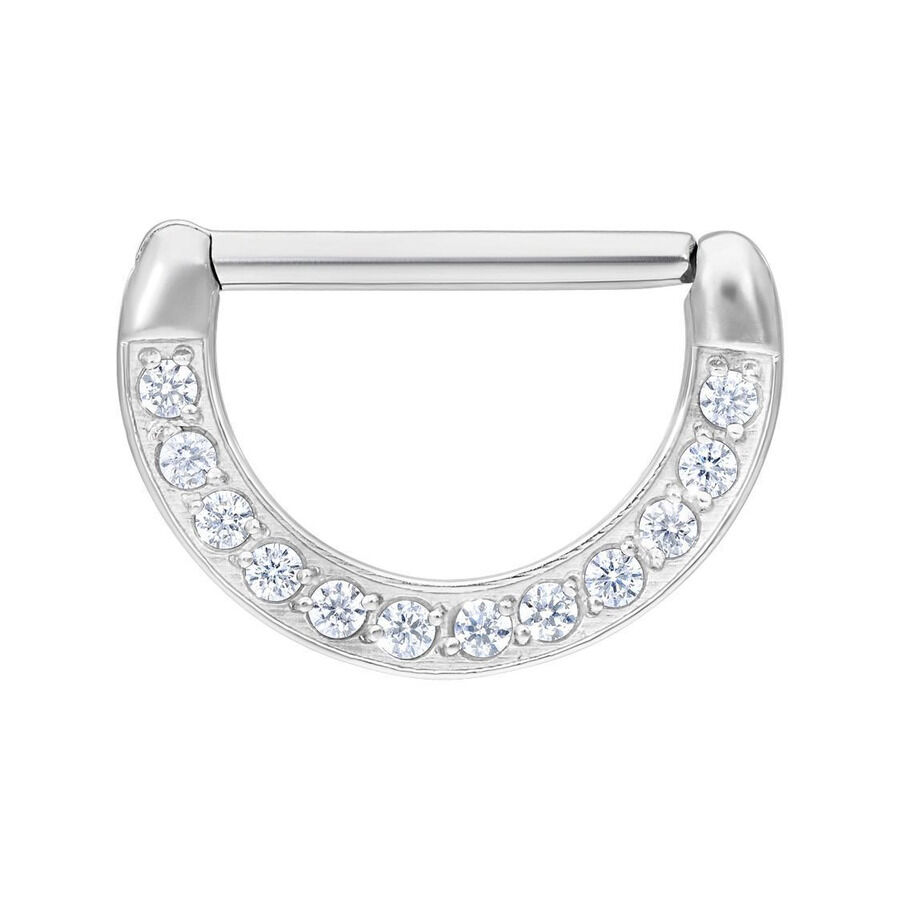Clicker per capezzolo argento con pietre cristalline su sfondo bianco