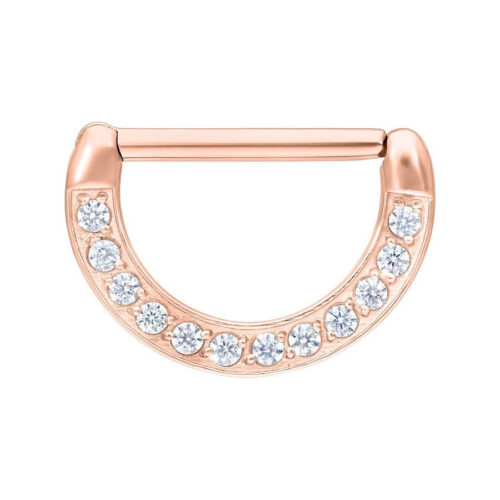 Clicker per capezzolo in oro rosa in acciaio chirurgico con cristalli chiari su sfondo bianco