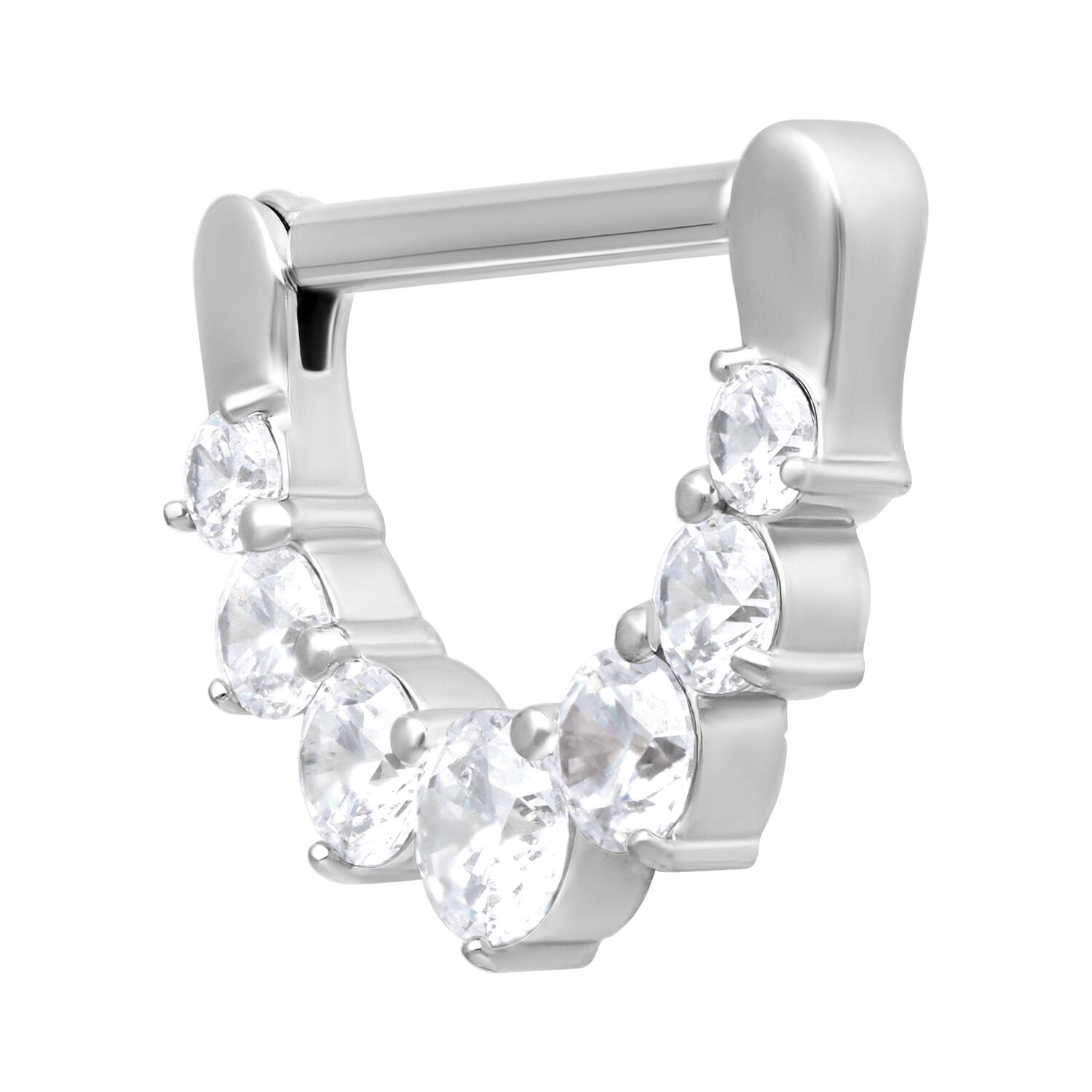 Clicker per capezzolo argento in acciaio chirurgico con cristalli chiari su sfondo bianco