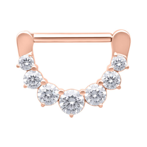 Clicker per capezzolo in oro rosa con sei cristalli chiari su sfondo bianco