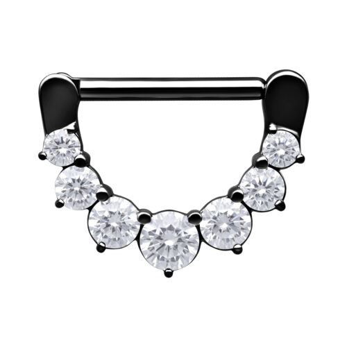 Clicker per capezzolo nero con cinque cristalli chiari su sfondo bianco