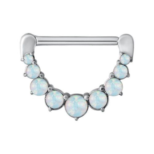 Nipple Clicker color argento con sette pietre opali sintetiche su sfondo bianco