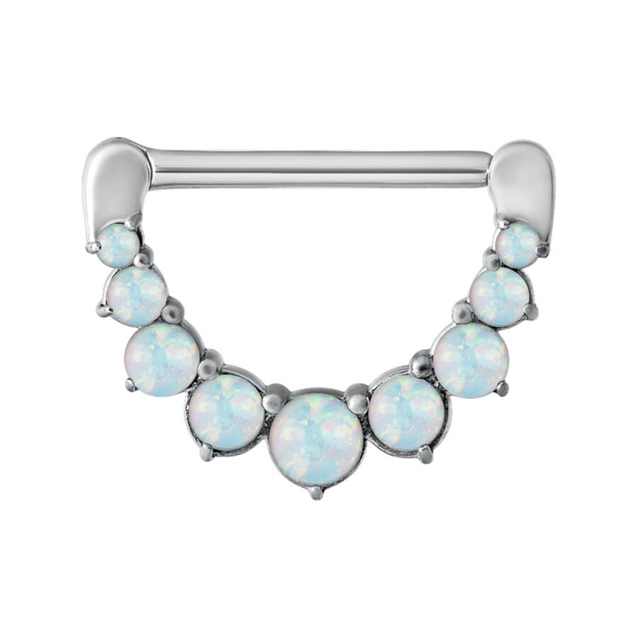 Nipple Clicker color argento con sette pietre opali sintetiche su sfondo bianco