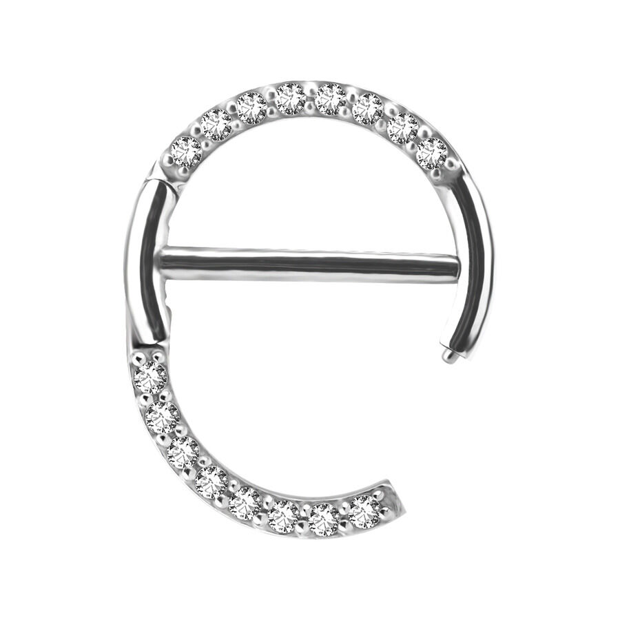 Clicker per capezzolo argento con cristalli, lunghezza 12mm, su sfondo bianco