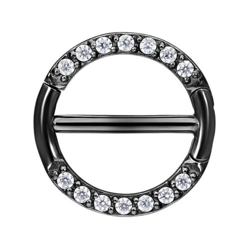 Clicker per capezzolo nero con cristalli chiari su sfondo bianco