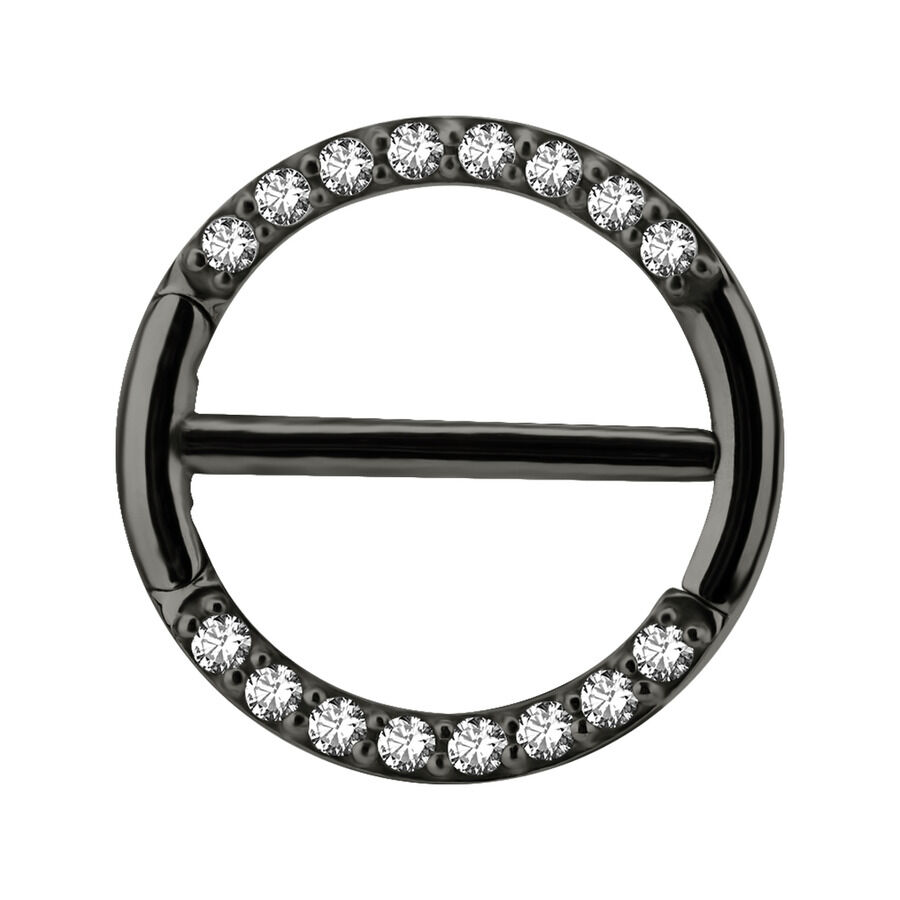 Pave Nipple Clicker nero con cristalli chiari su sfondo bianco