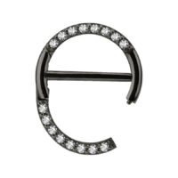 Clicker per capezzolo nero con cristalli pavé chiari su sfondo bianco