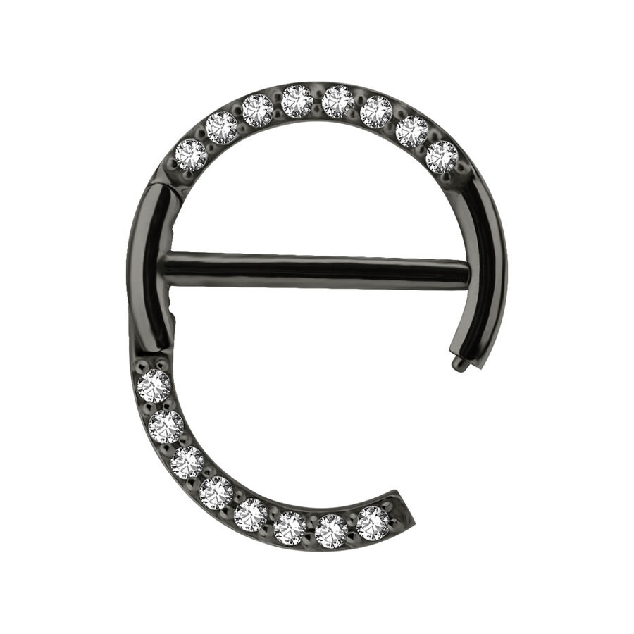 Clicker per capezzolo nero con cristalli pavé chiari su sfondo bianco