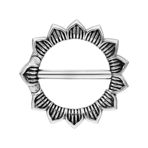 Clicker per capezzolo argento a forma di fiore su sfondo bianco