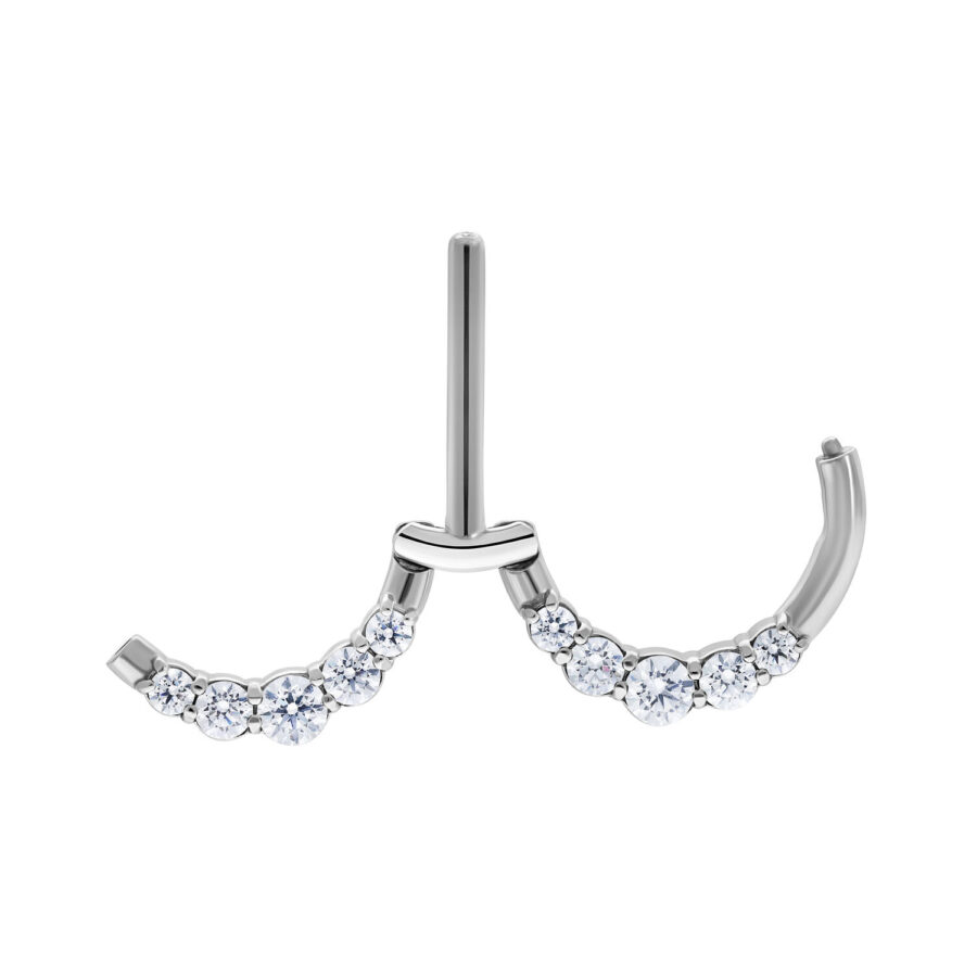 Clicker per capezzolo argento con cristalli chiari su sfondo bianco