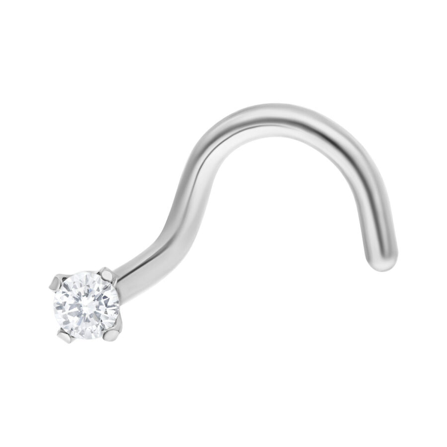 Piercing nasale in argento in acciaio chirurgico con cristallo chiaro su sfondo bianco