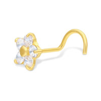 Piercing al naso in oro 18K con fiore di cristallo Piercing al naso dorato con cristalli chiari a forma di fiore su sfondo bianco