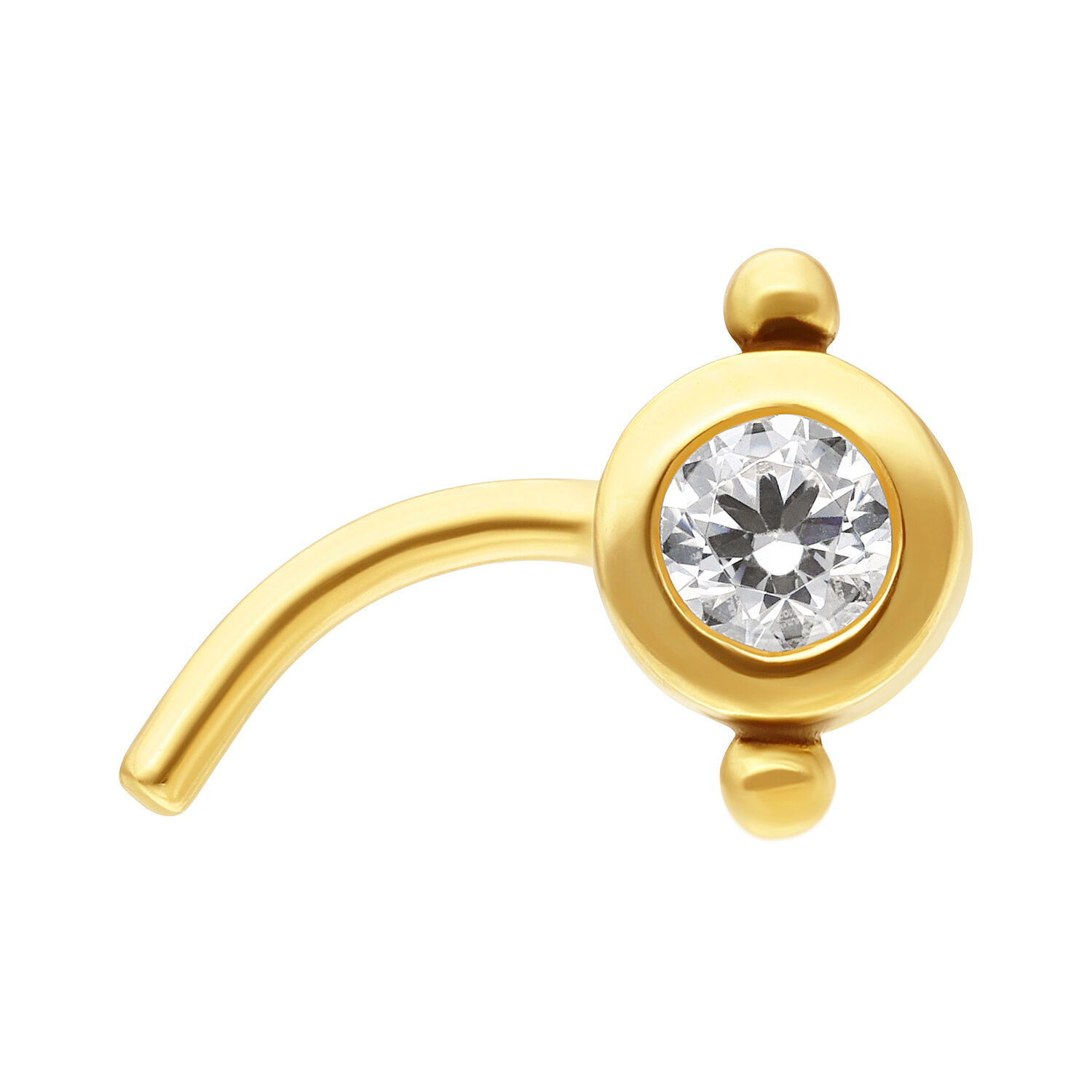Piercing al naso in oro 18K con cristallo Piercing al naso dorato con pietra cristallina su sfondo bianco